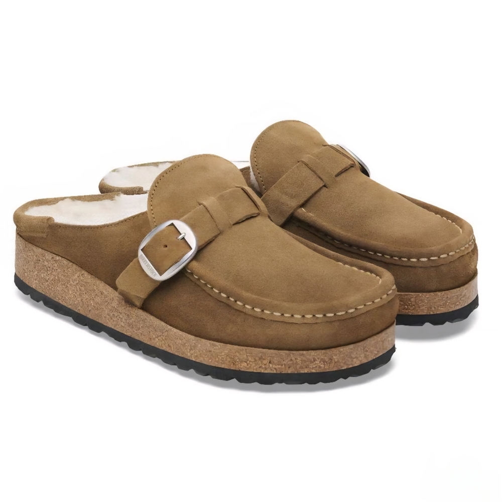 Birkenstock Tan Suede Shearling-Lined Clog Mules with Buckle